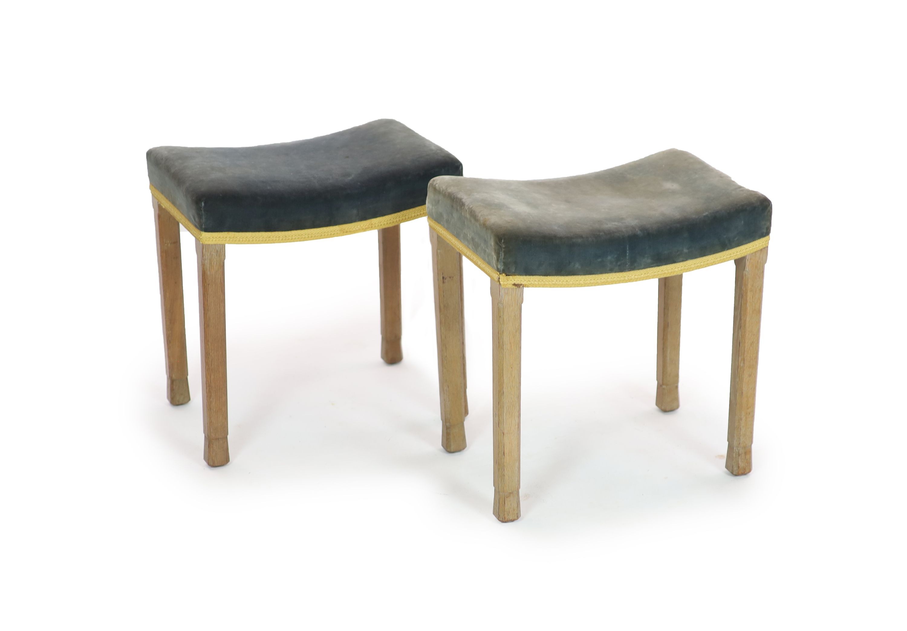 A pair of Elizabeth II limed oak Coronation stools H 48cm. W 46cm. D 31cm.